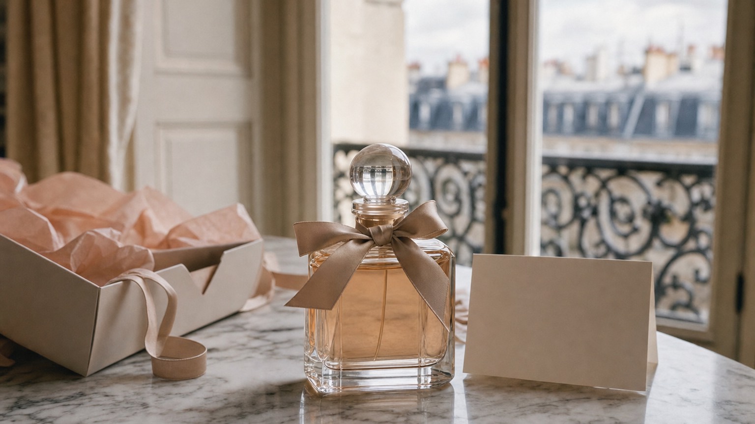 Gift-wrapped perfume workshop bottle with ribbon on a marble table beside a handwritten card, Paris apartment light