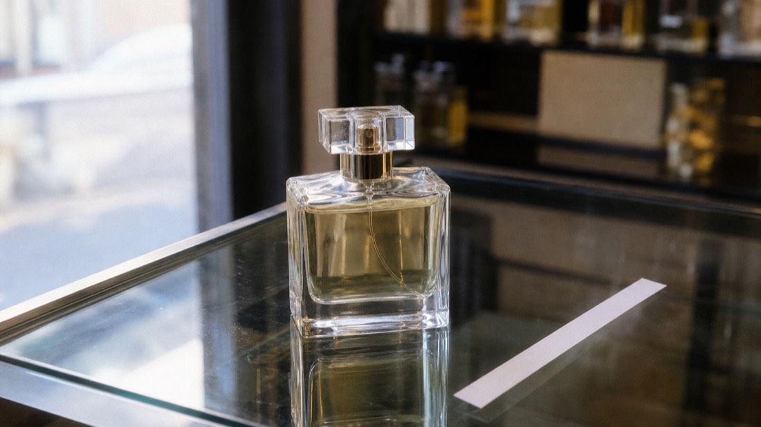 Unlabeled glass perfume tester bottle and a single scent strip on a boutique counter in bright window light
