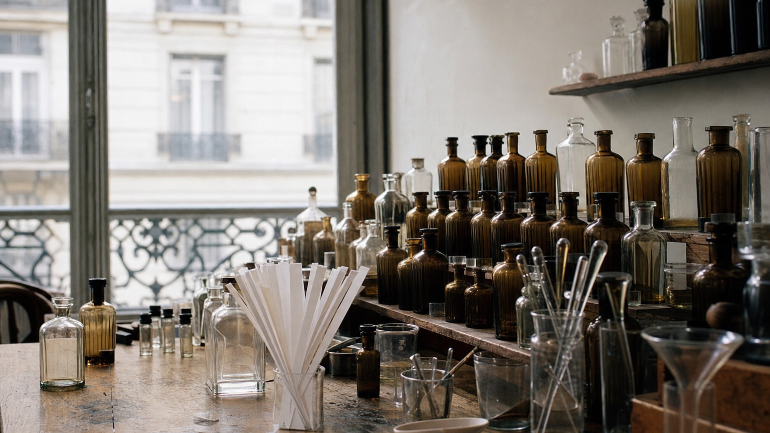 Perfume workshop bench in Paris set with rows of amber essence bottles, glass beakers and fanned paper scent strips before a session