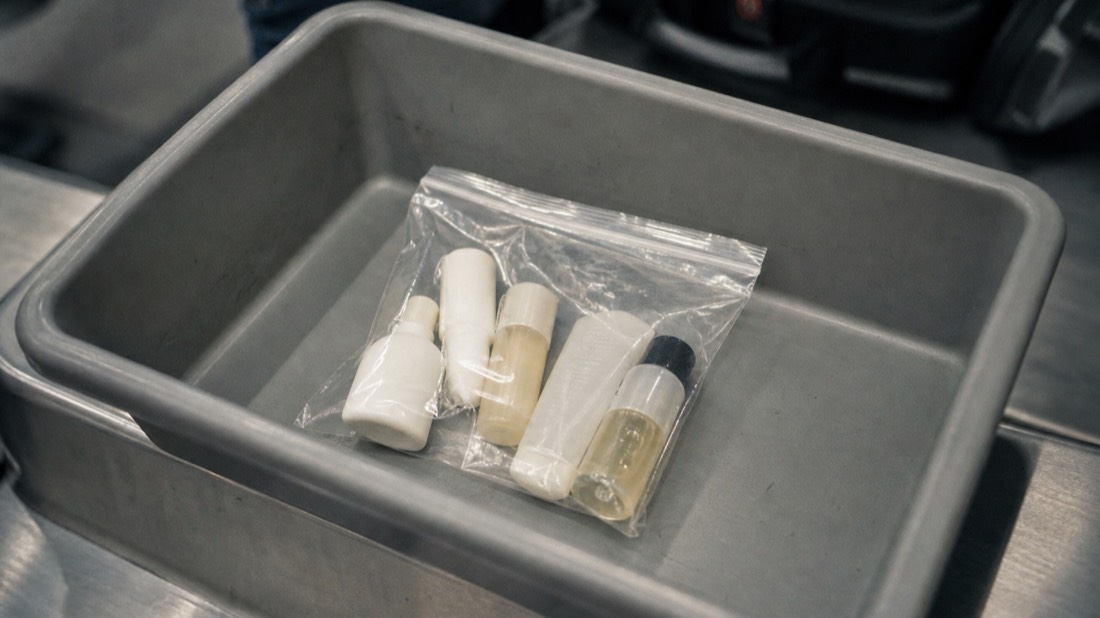 Transparent resealable liquids bag with small toiletry containers and a compact perfume vial on an airport security tray