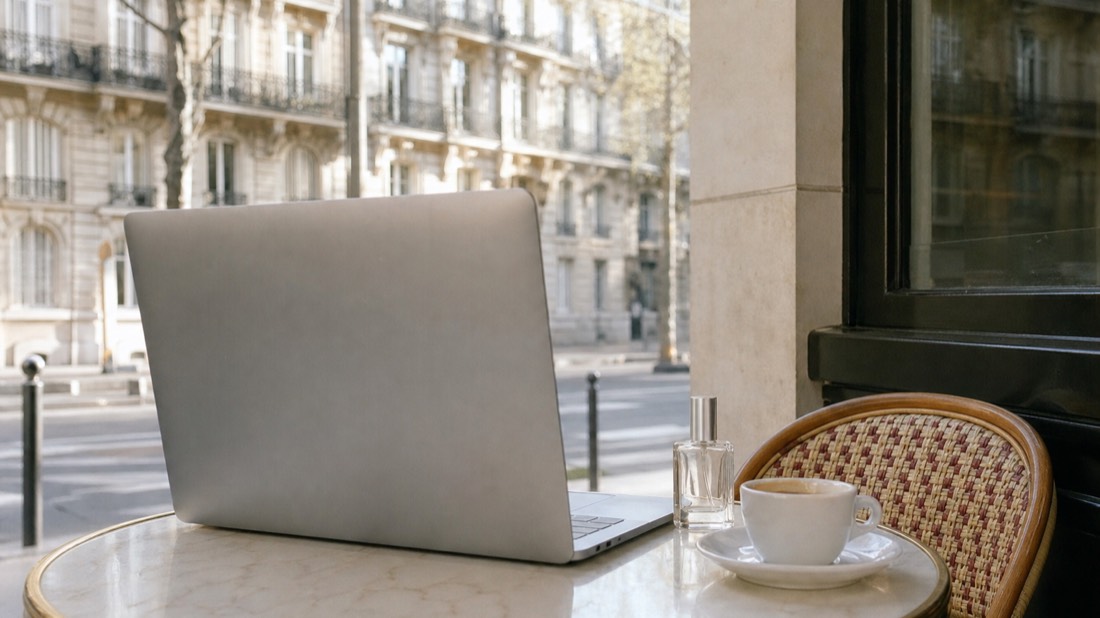 Laptop on a Paris cafe table beside a small unbranded perfume bottle, checking the live price of a perfume workshop listing