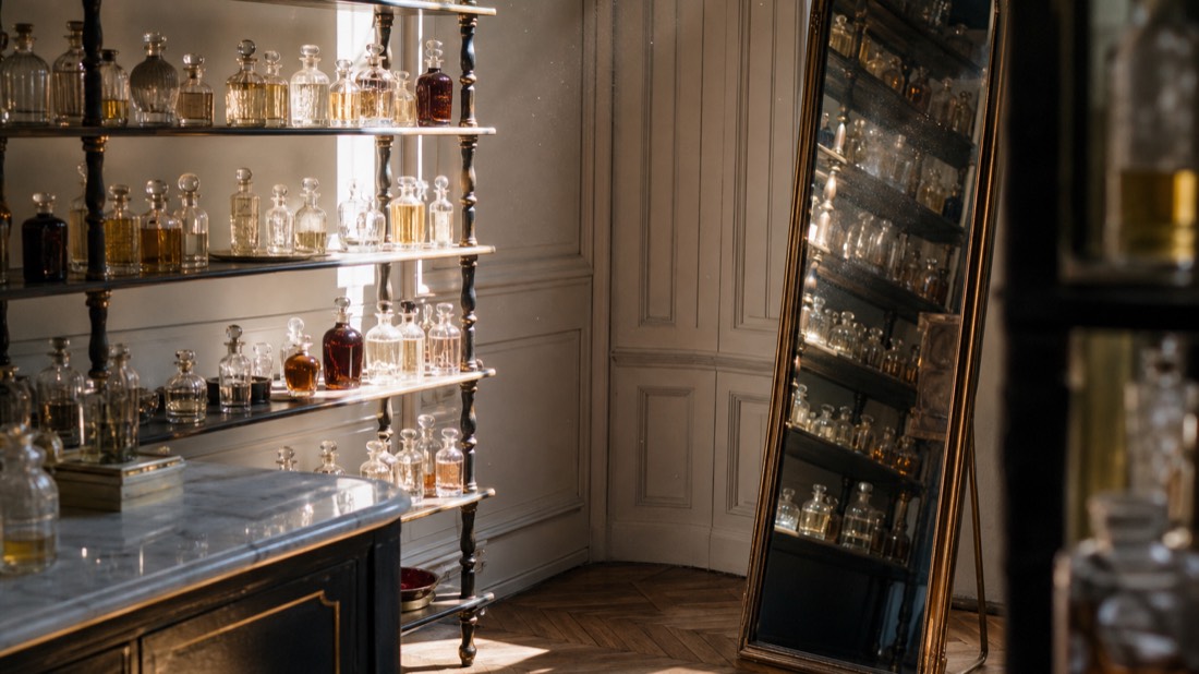 Sunlit Paris perfumery shelves of unbranded flacons reflected in a brass-framed mirror, buying perfume cheaper in Paris