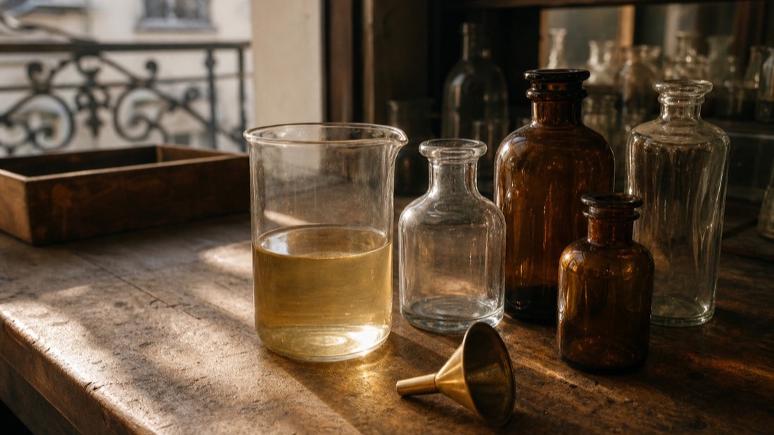 Graduated glass cylinder with pale golden liquid beside a funnel and unlabeled bottles on a Paris atelier bench