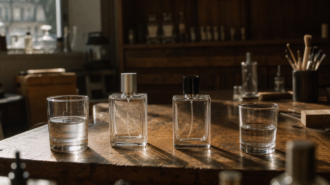 Two glasses of water and two blank perfume flacons on a shared workshop bench in warm Paris afternoon light